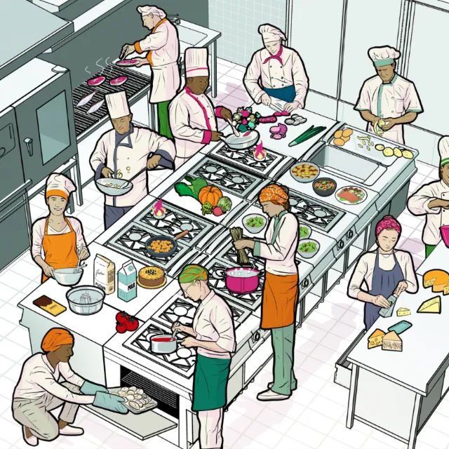 Busy professional chefs cooking and preparing food in a commercial kitchen by Davi Augusto
