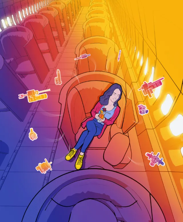 Woman with blue hair relaxing on empty airplane seat with floating objects by Davi Augusto