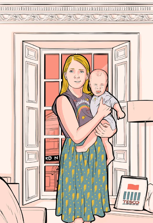Woman holding baby near open window illustration by Davi Augusto