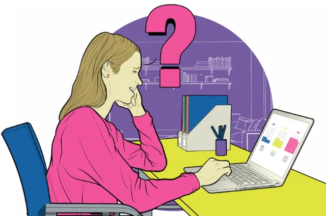 Woman in pink sweater thinking while looking at laptop screen by Davi Augusto