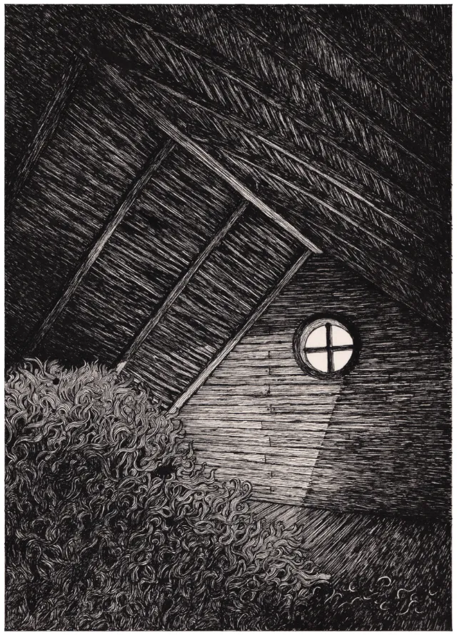 Attic interior with wooden beams and a round window casting light, by Rohan Eason