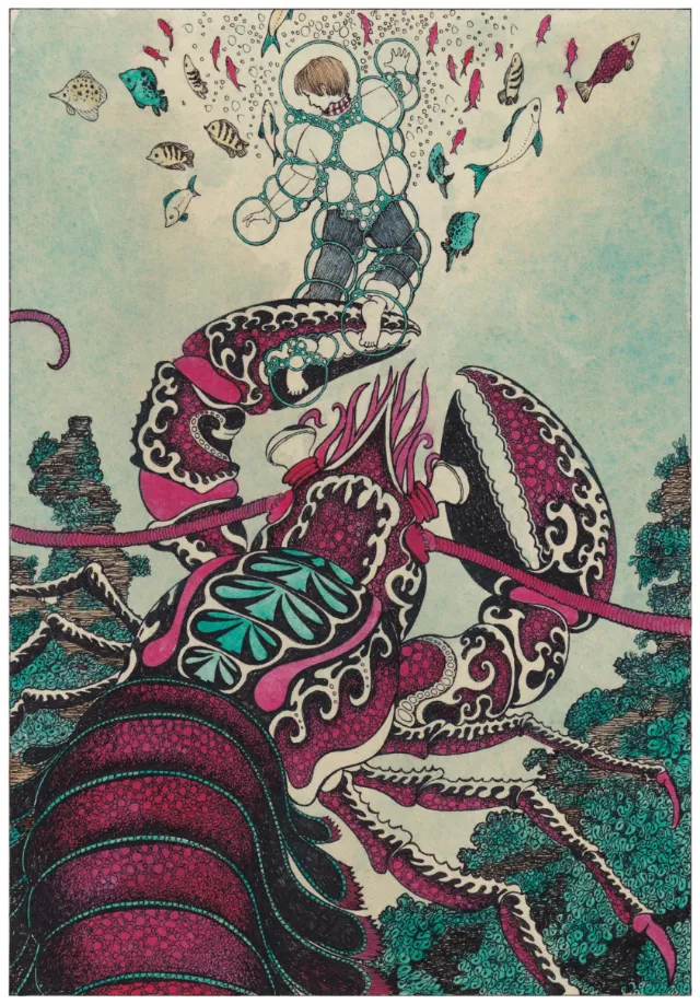Child riding a detailed giant lobster surrounded by colorful fish, by Rohan Eason