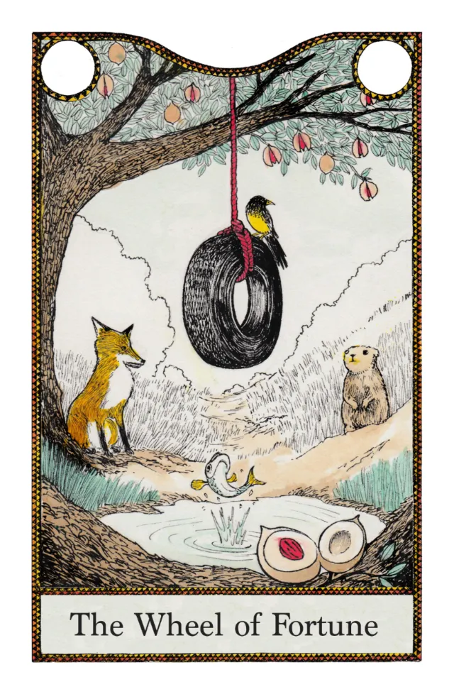 Tarot card The Wheel of Fortune featuring fox, bear, and tire swing by Rohan Eason