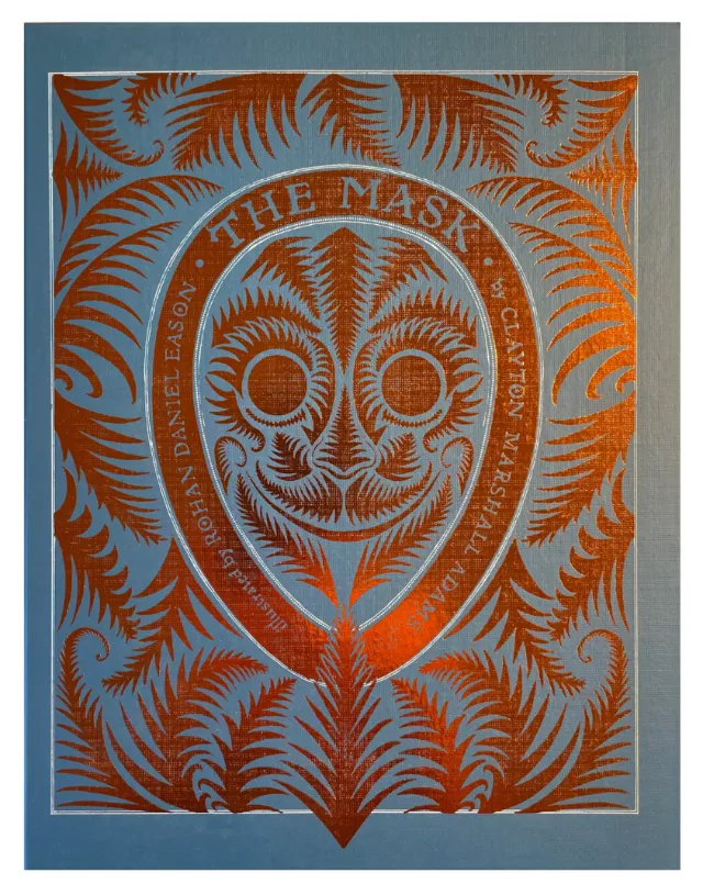 The Mask book cover with ornate orange mask and fern patterns by Rohan Eason