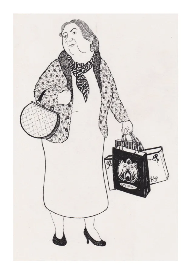 Illustration of a woman shopping at Harrods by Rohan Eason