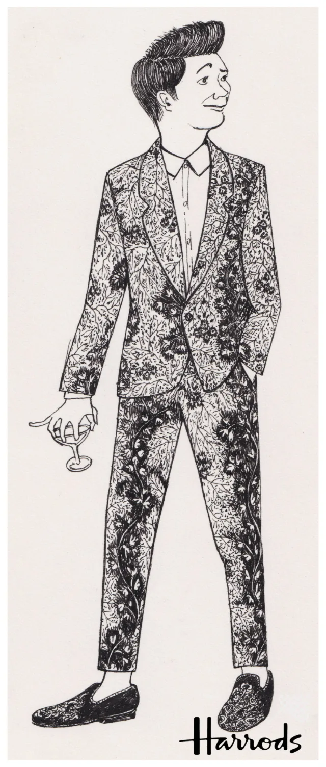 Illustration of a man in a detailed patterned suit holding glasses by Rohan Eason