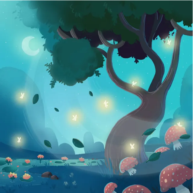 Magical night forest with glowing fireflies and mushrooms by Shiane Salabie
