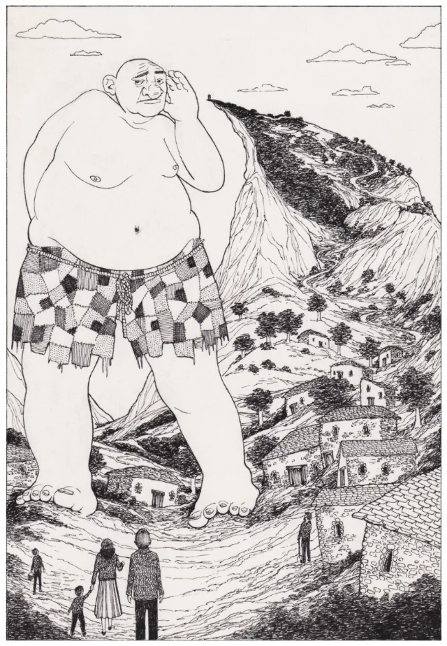 Illustration of a deaf giant standing near village houses with people below by Rohan Eason