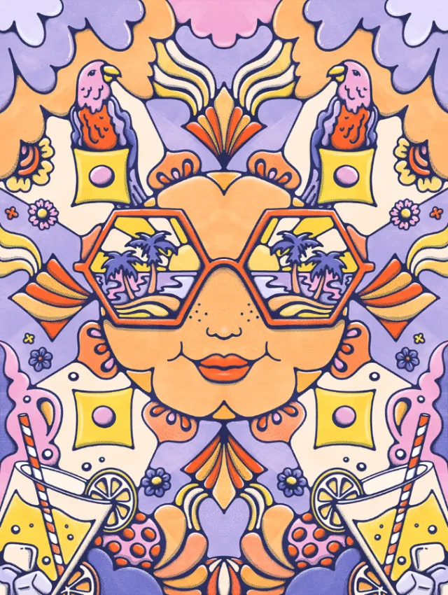 Psychedelic sun with tropical beach reflections in sunglasses by Lively Scout