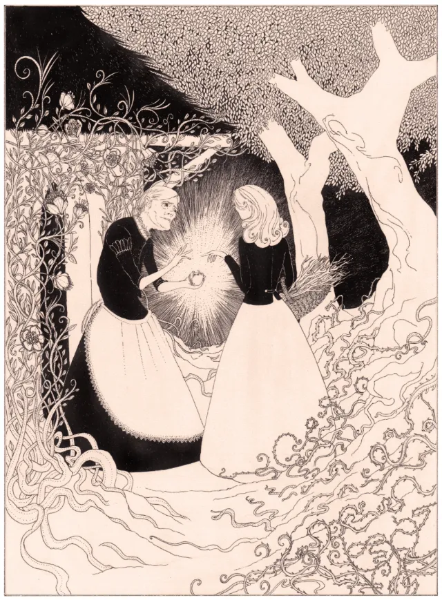 Woman handing golden apple to girl in illuminated garden by Rohan Eason