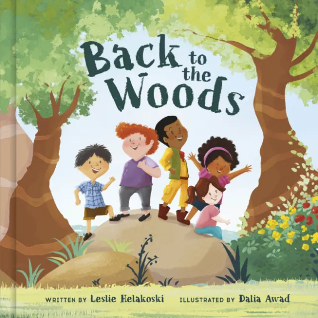 Children playing in woods on Back to the Woods cover illustration by Dalia Awad