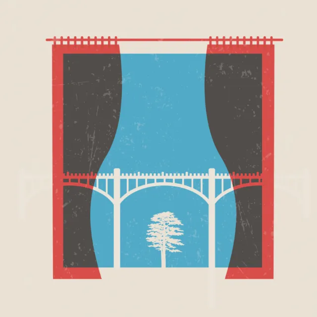 Illustration of tree seen through window with curtains by Tim Weiffenbach