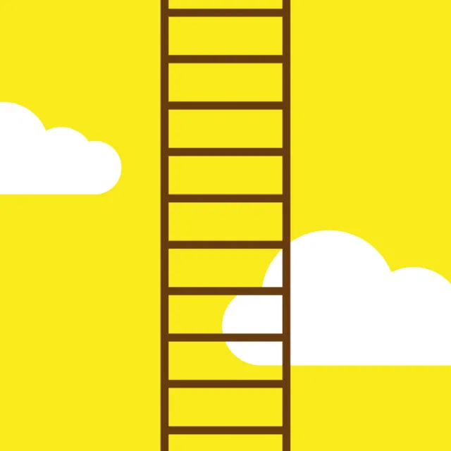 Ladder reaching up into a bright yellow sky with white clouds, by Tim Weiffenbach