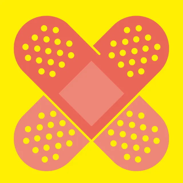 Illustration of crossed adhesive bandages on yellow background by Tim Weiffenbach