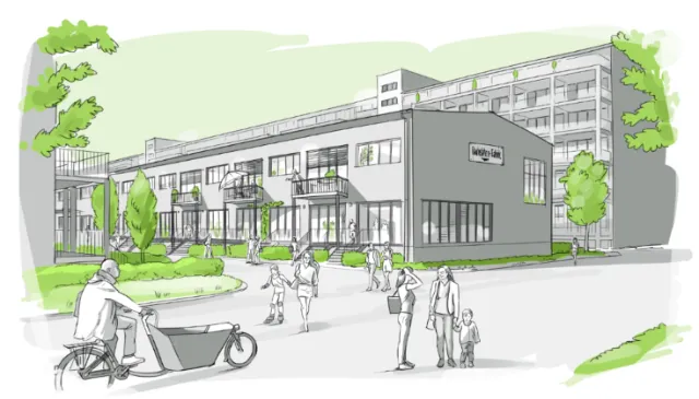 Modern community center exterior with people walking and cycling by Björn von Schlippe