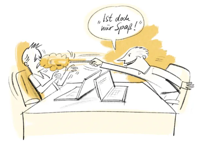 Cartoon showing two office workers having fun with a water gun, by Björn von Schlippe