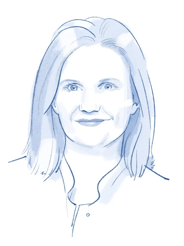Blue line sketch of a smiling woman by Björn von Schlippe