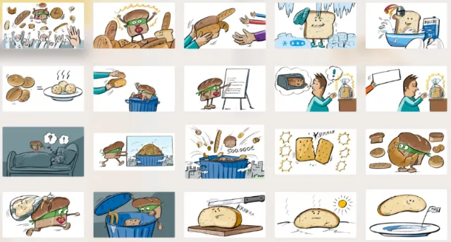Comic strip featuring a piece of bread with butter in different scenarios by Björn von Schlippe