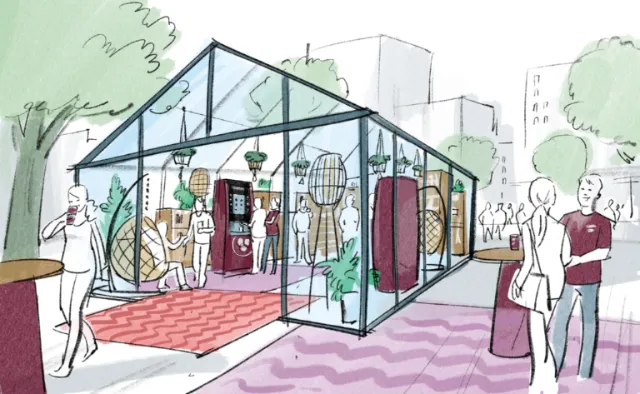 Sketch of a glass pavilion with visitors by Björn von Schlippe