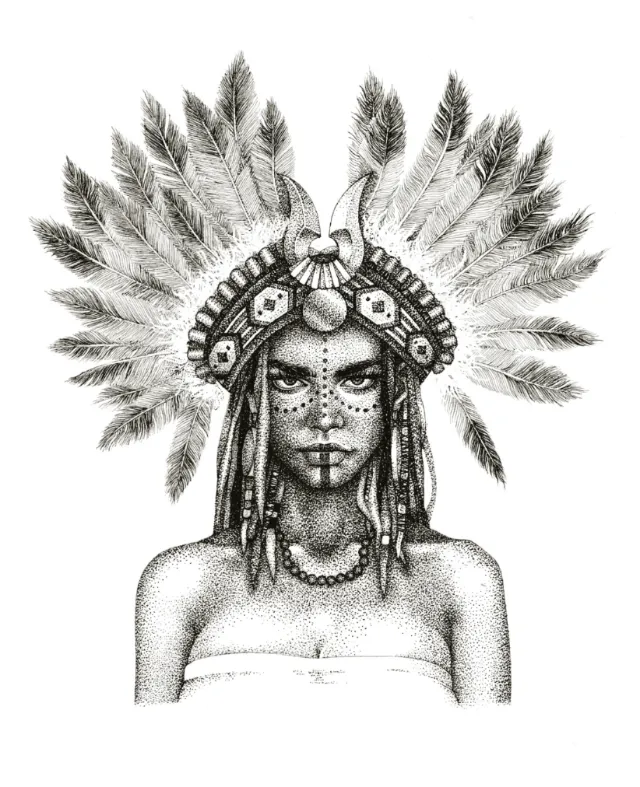 Black and white portrait of a woman with a feathered headdress by Reiko Lauper