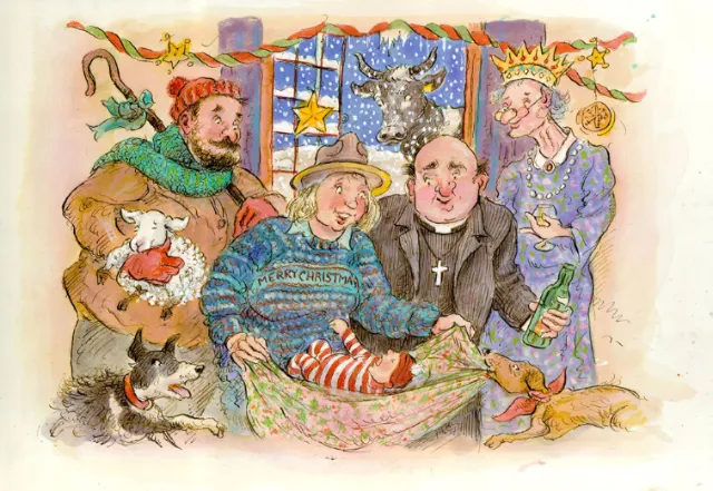 Whimsical nativity scene with joyful people and animals by John Holder