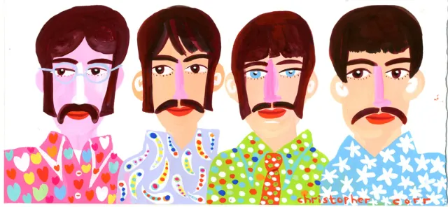 Illustration of four men wearing vibrant patterned shirts by Christopher Corr