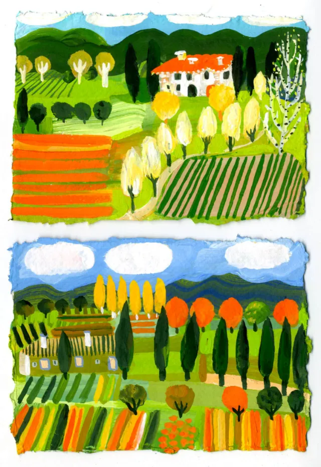 Two colorful landscape scenes with trees, fields, and houses by Christopher Corr