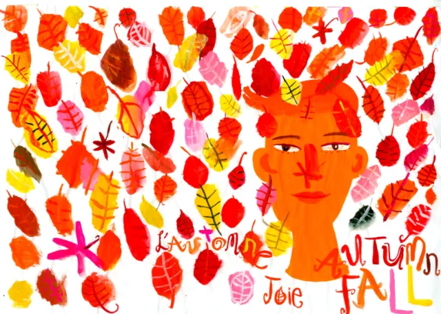 Person's face with colorful autumn leaves falling, artwork by Christopher Corr