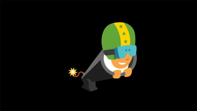 Cartoon character wearing green helmet and goggles falling, artwork by Sebastian Iwohn