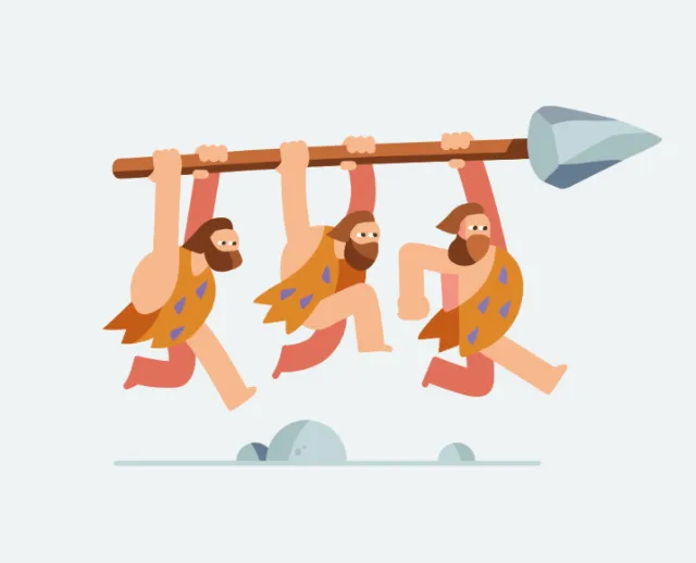 Three cavemen running and carrying spear together illustration by Sebastian Iwohn