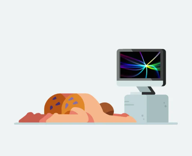 Tired person lying face down by a computer screen by Sebastian Iwohn