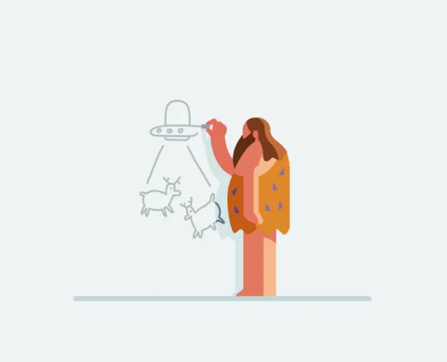 Minimalistic illustration of a person with UFO abducting goats by Sebastian Iwohn