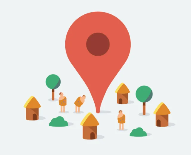 Illustration of a large red map marker with houses and trees by Sebastian Iwohn