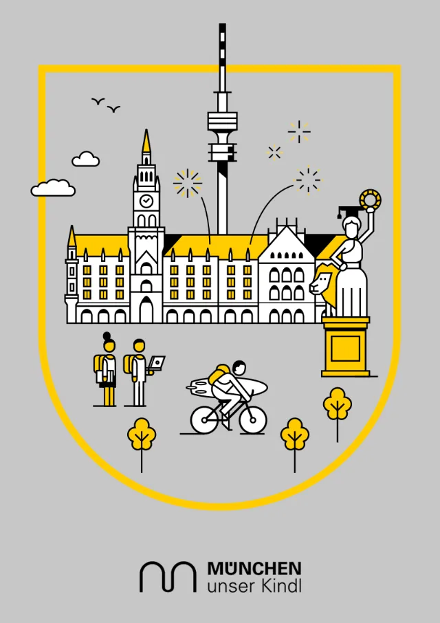 Munich cityscape with Frauenkirche, TV tower, cyclists, and pedestrians by Sebastian Iwohn