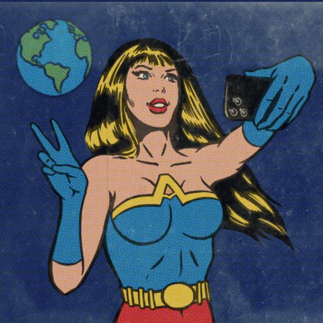 Comic superhero woman taking a selfie with Earth in the background by Jan Meininghaus