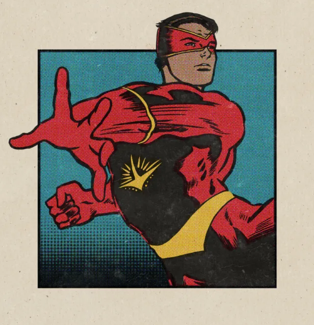 Retro superhero in red black costume by Jan Meininghaus