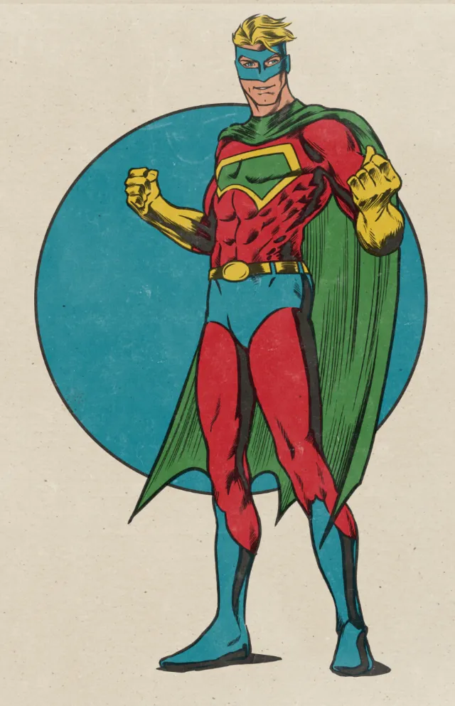 Muscular superhero in red suit with green cape and blue mask by Jan Meininghaus