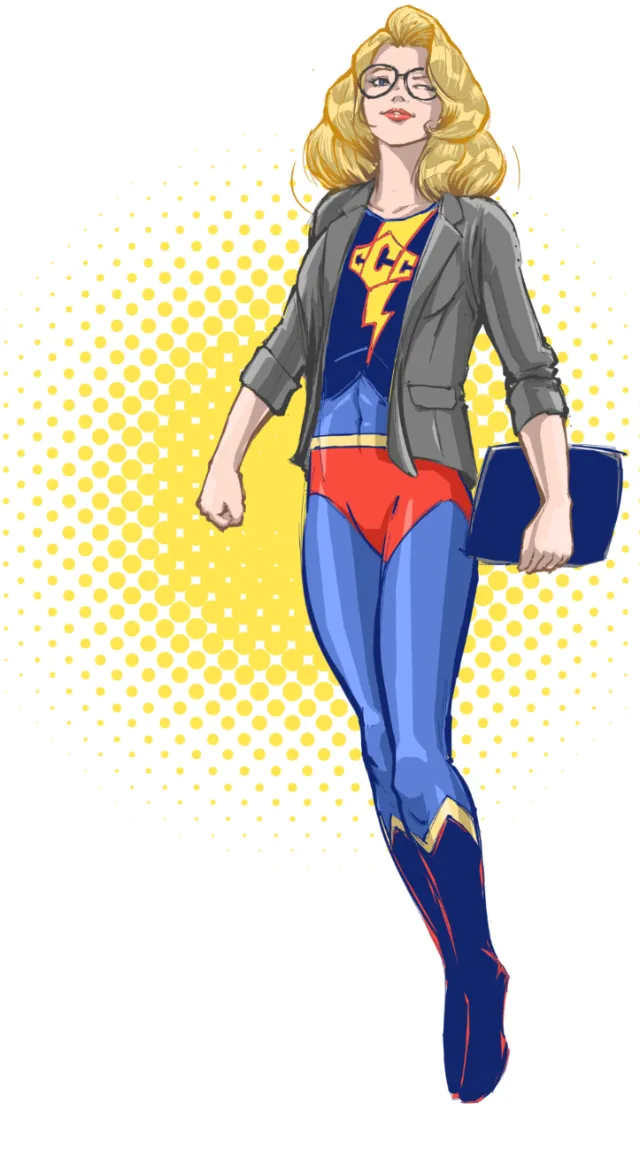 Superhero woman in glasses holding book, comic style by Jan Meininghaus
