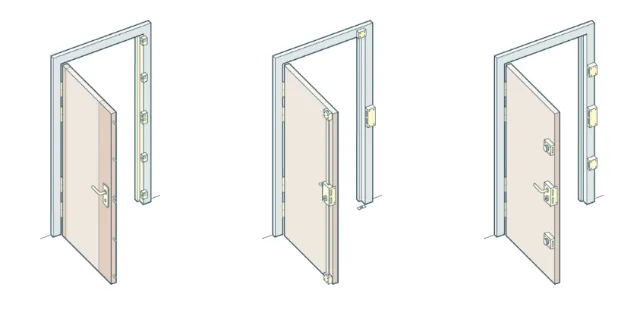Illustration of three doors with different hinge types by Mark Watkinson