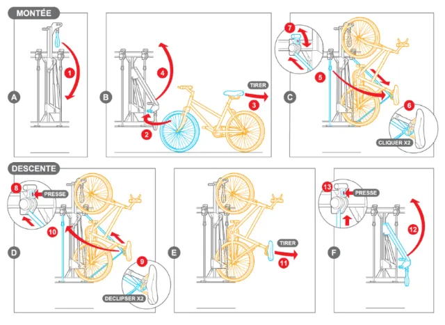 Step-by-step folding bicycle instructions illustration by Mark Watkinson