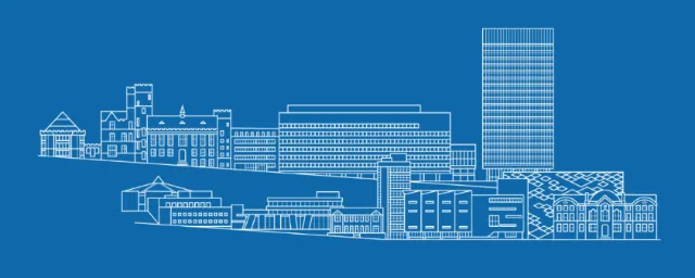 Blueprint-style city skyline illustration on blue background by Mark Watkinson