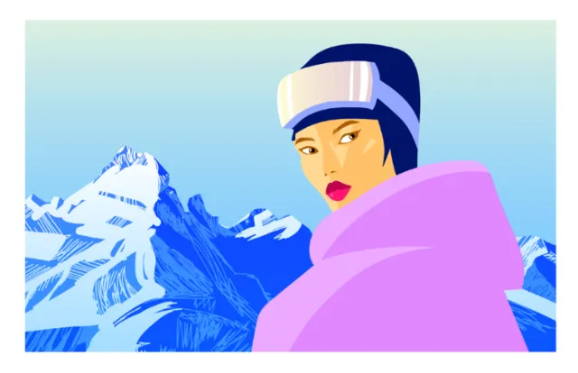 Woman in winter outfit and ski goggles with snowy mountains background by Silke Bachmann