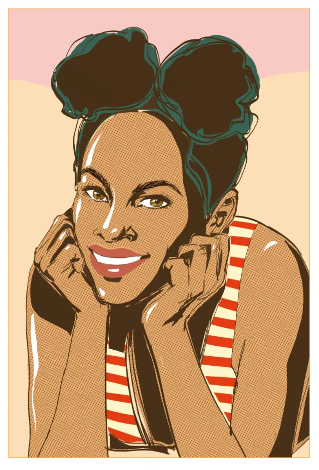 Smiling woman with dark hair and striped top in illustration by Silke Bachmann