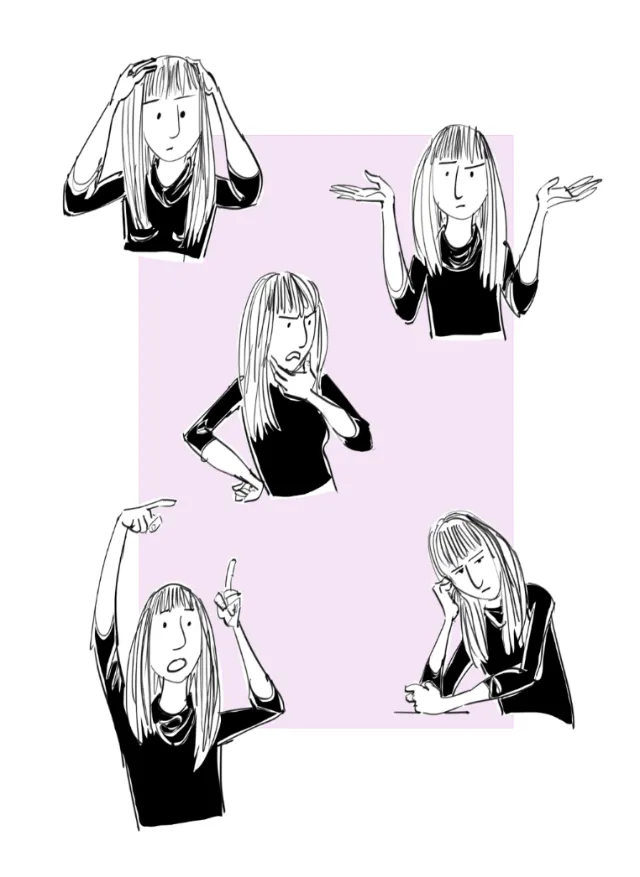 Illustration of woman showing five different expressive gestures by Silke Bachmann