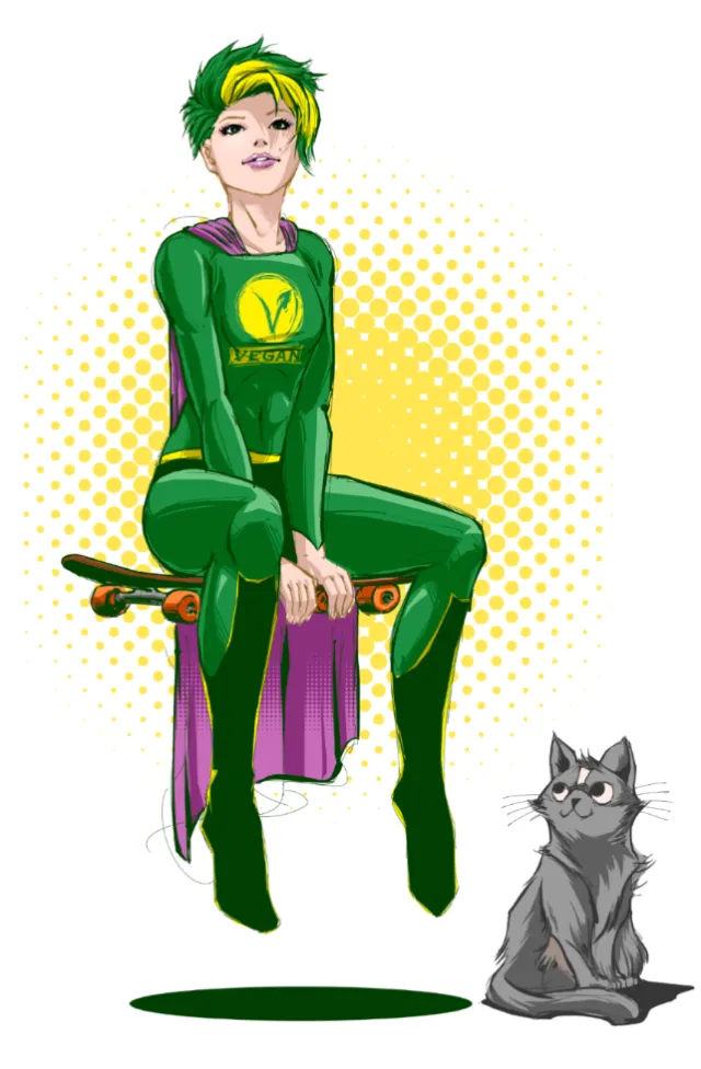 Green superhero sitting on skateboard with gray cat, artwork by Jan Meininghaus