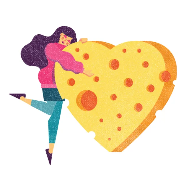 Illustration of woman hugging large heart-shaped cheese by Donough O'Malley