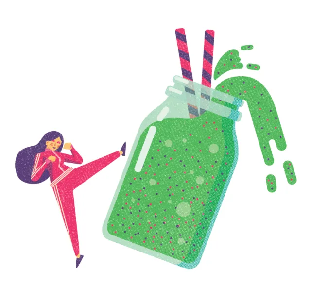 Illustration of a woman kicking a large green smoothie bottle by Donough O'Malley