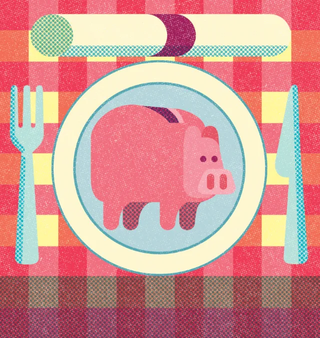Editorial illustration of pig on plate with cutlery by Donough O'Malley