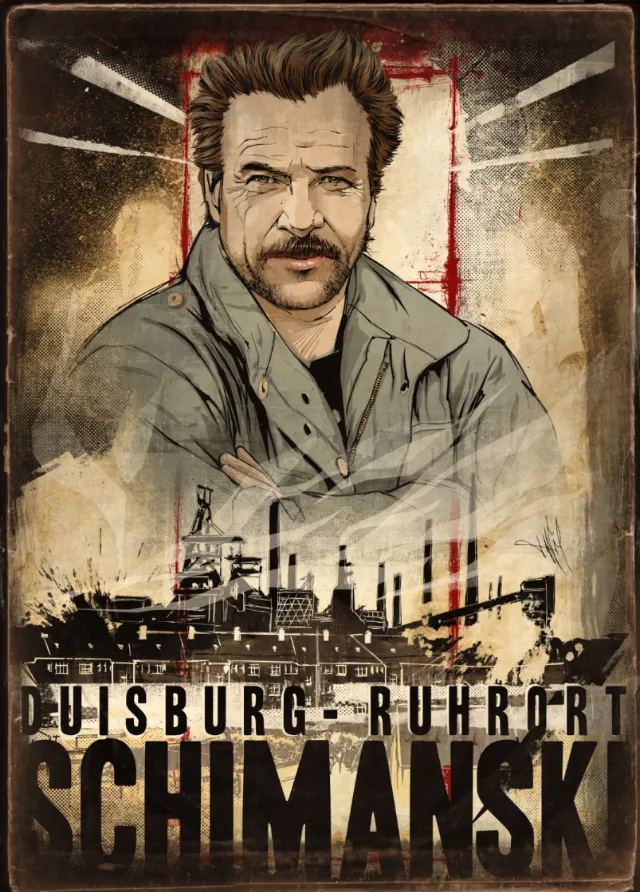 Schimanski portrait with Duisburg Ruhrort industrial scene by Jan Meininghaus