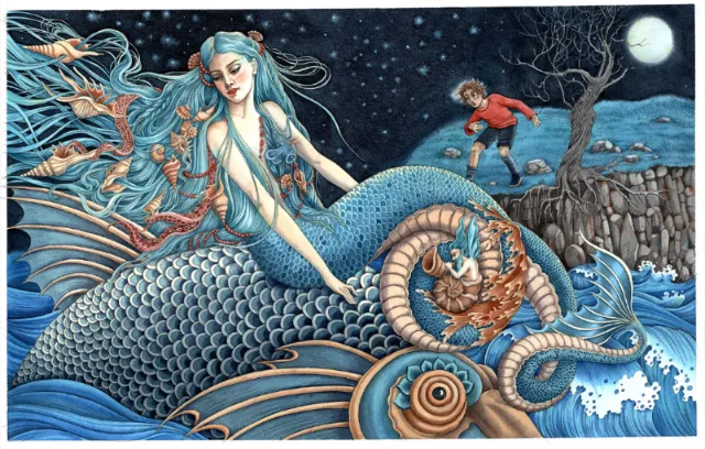 Mermaid with flowing hair in ocean waves near child on rocky shore at night by Sveta Dorosheva